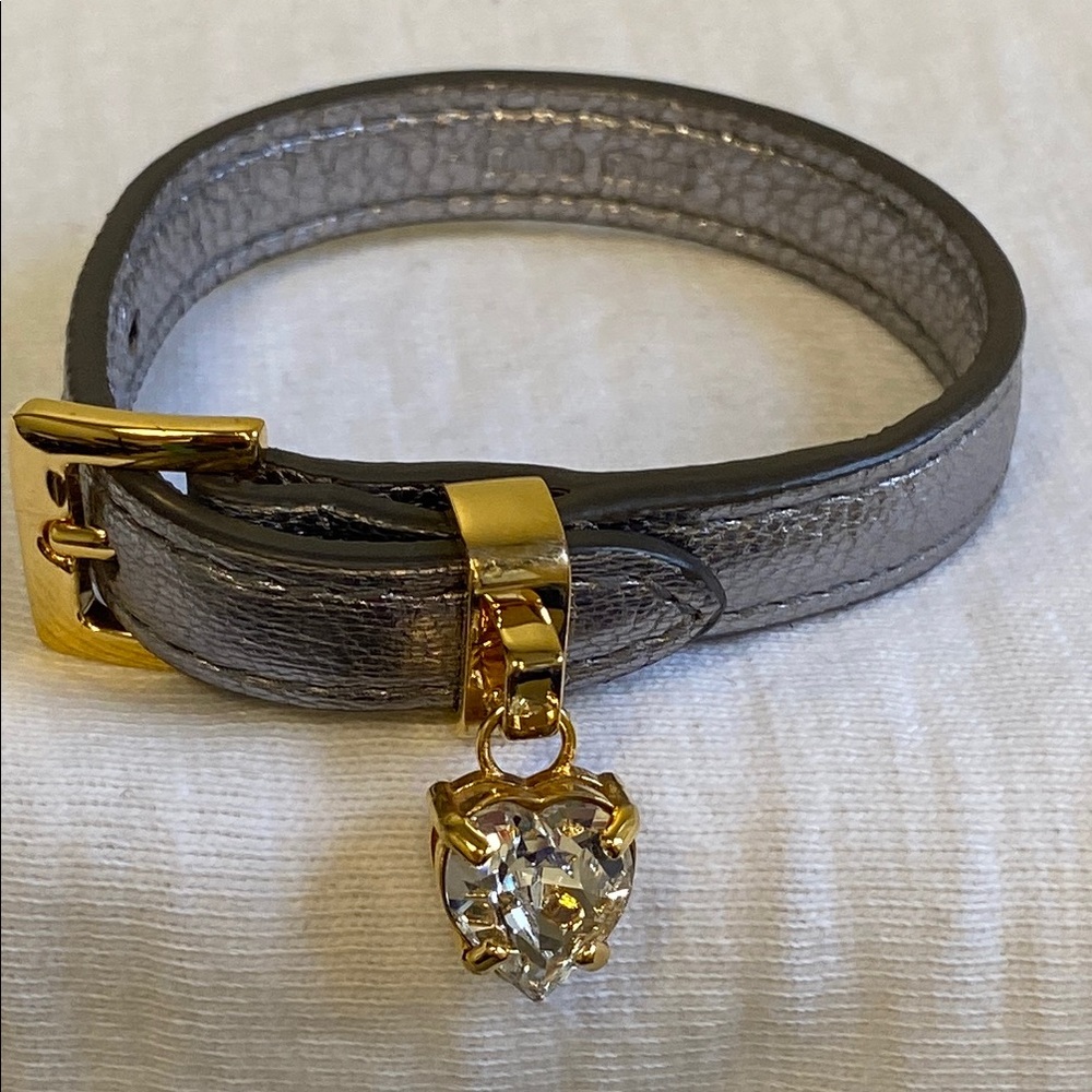Miu Miu Silver Metallic Leather Bracelet with Goldtone Metal & Rhinestone (7.5") - Picture 3 of 6